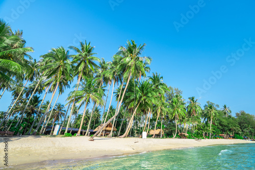 Summer nature scene. Tropical beach with sea  blue sky and palm trees  Kood island is located in the South East part of Thailand. Beautiful sea and white sand beach. 