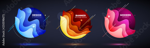 Set of liquid abstract geometric circle. Fluid gradient elements for minimal banner, logo, social post on dark background. Futuristic trendy dynamic design. Abstract background. Eps10 vector.