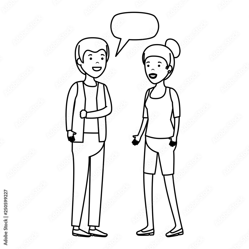 young couple with speech bubble characters young couple with speech bubble characters