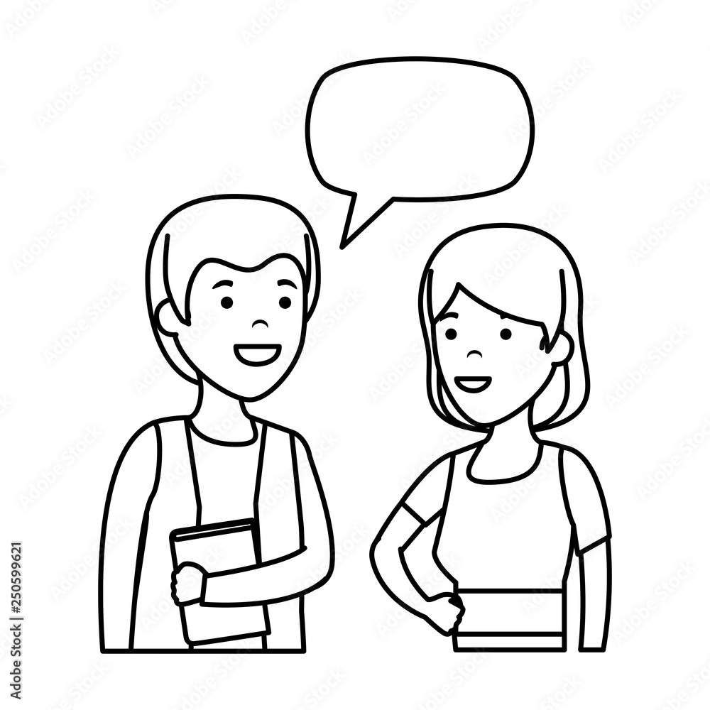 young couple with speech bubble characters young couple with speech bubble characters