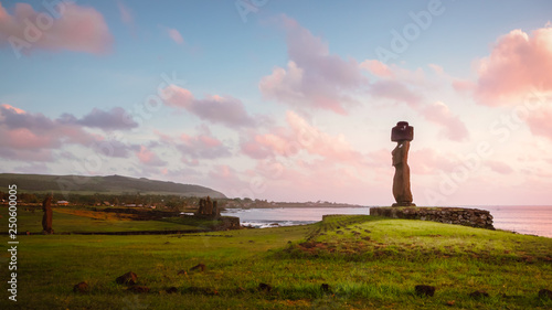 Moai of Ahu Tahai in Hanga Roa, capital of Easter Island during sunset photo