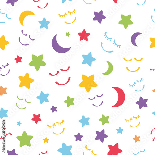 Simple Pastel Color Vector Seamless Pattern star  moon and happy sleeping face for background  banner wrapping paper  curtain etc