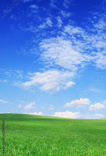 Idyllic view, green hills and blue sky with white clouds
