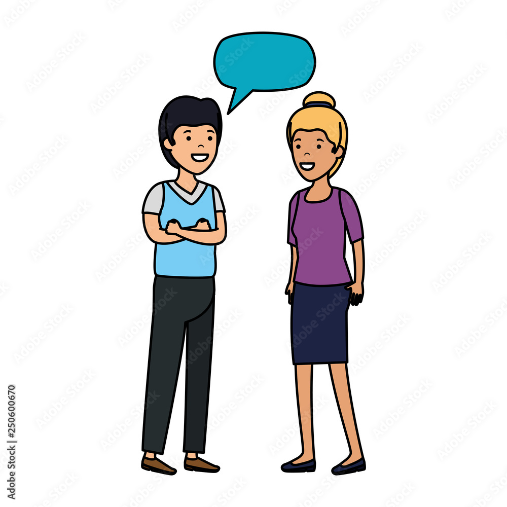 young couple with speech bubble characters
