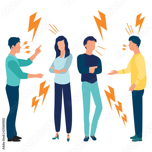 A set of a couple of people quarrel and swear on white background. Quarrelling and Making a Public Scandal. Aggressive Angry Man and Woman Yell at Each Other. Vector illustration. Flat cartoon style.