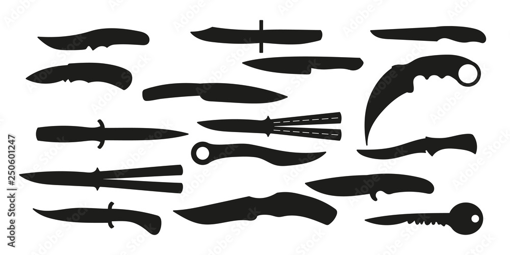 A set of all kinds of knives. Black silhouettes knives. Vector illustration.