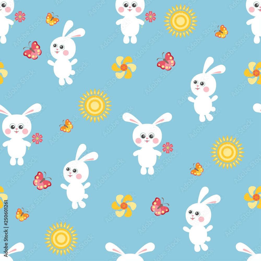 Seamless pattern with white cute bunnies on blue background. Butterflies, flowers and sun. Vector illustration in childrens style. Seamless pattern with white cute bunnies on blue background. Butterflies, flowers and sun. Vector illustration in childrens style.
