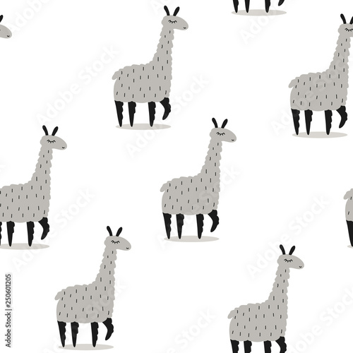 Lamas, hand drawn backdrop. Black, white and gray seamless pattern with animals. Decorative cute wallpaper, good for printing. Overlapping background vector, happy alpacas. Llamas