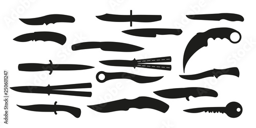 A set of all kinds of knives. Black silhouettes knives. Vector illustration.