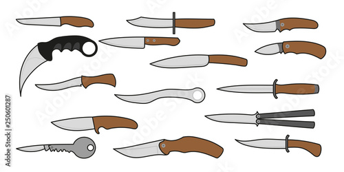 A set of all kinds of knives. Color silhouettes knives. Vector illustration.