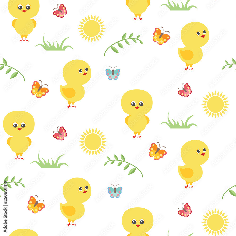 Fototapeta premium Seamless pattern with yellow cute chicks on white background. Sun, butterflies, twigs, grass. Vector illustration in baby style.