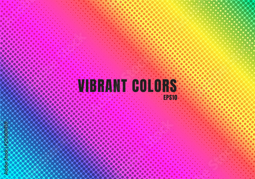 Abstract rainbow color background with halftone texture. Colorful  smooth gradient dots pattern. Vibrant colour retro 80's style.