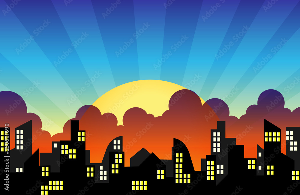 City skyline silhouette at sunset.