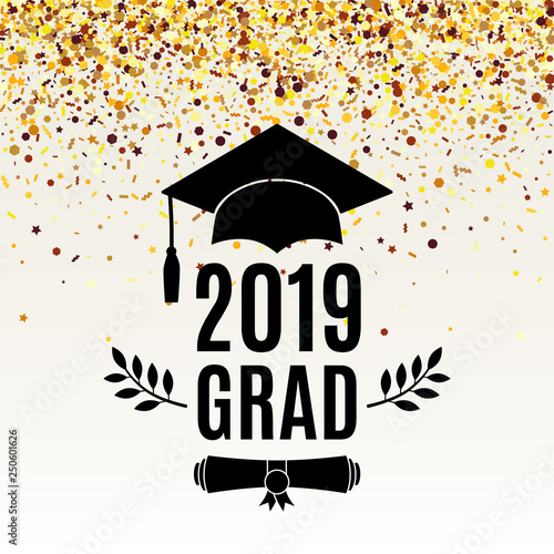 Graduate 2019 class of greeting card with scroll, hat, laurel on beige background with falling golden confetti for invitation, banner, poster, postcard. Vector illustration. All isolated and layered