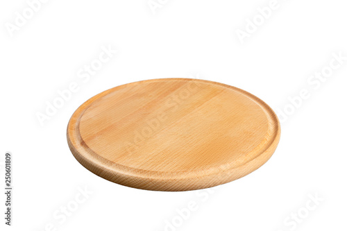 Empty round wooden plate isolated on white background. Wood plate for food or vegetable serving to customers