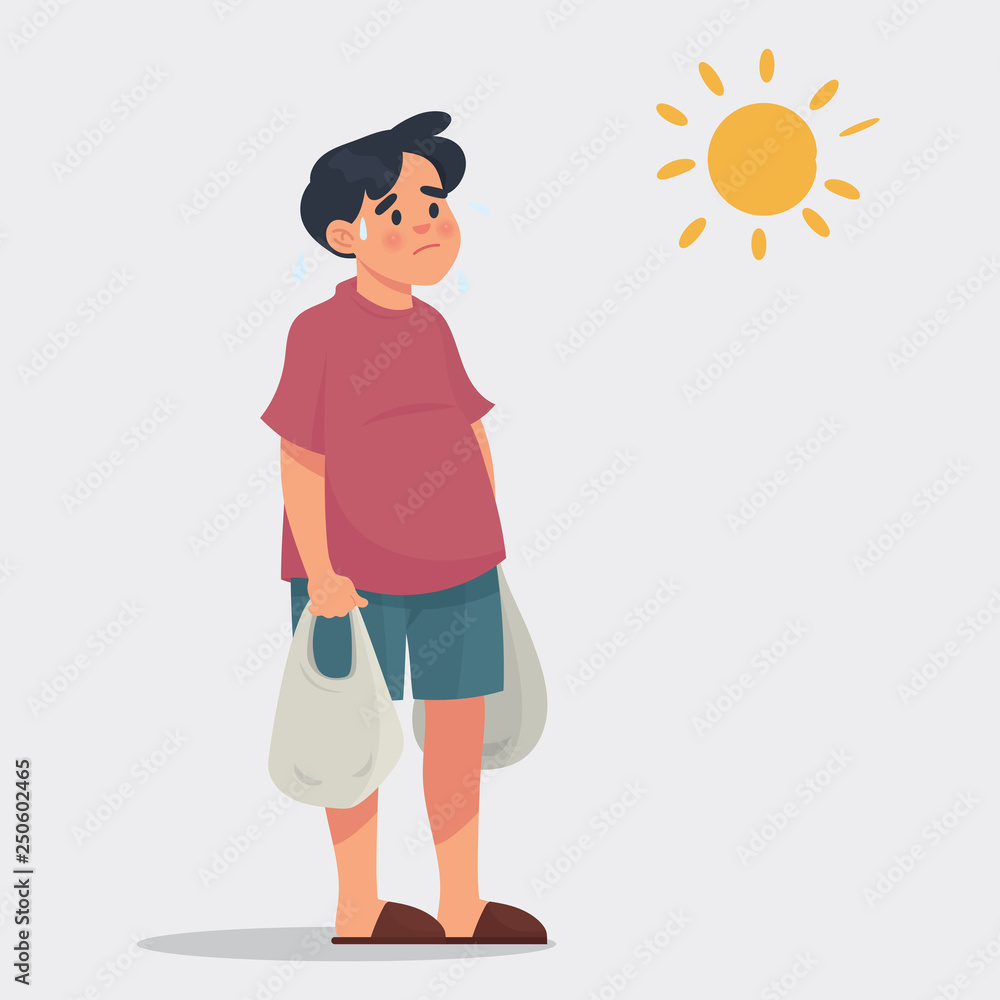 vector illustration man holding shopping plastic bag, boy unhappy shopping at in very hot days - Vector