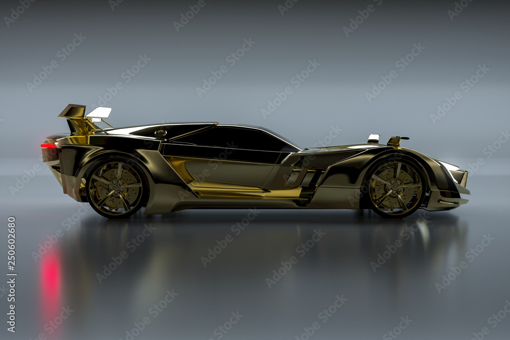 Goldener Sportwagen (3D Rendering) - obrazy, fototapety, plakaty 