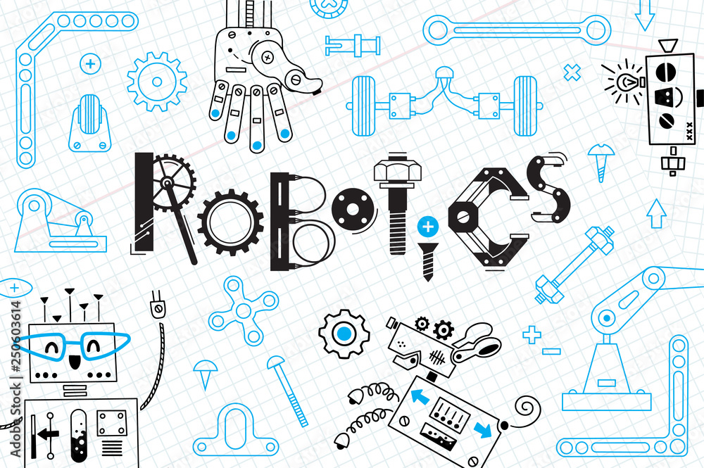 Robotics for kids. Banner or card. Robots and details for construction. Vector illustration