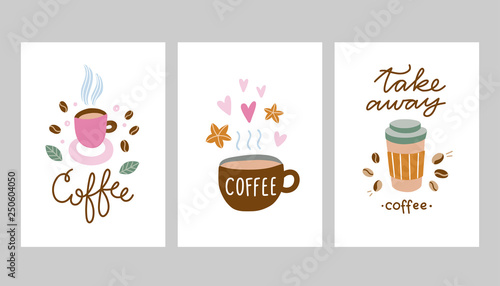 Coffee vector cards and templates. Cafe design illustrations with coffee cups and take away drinks