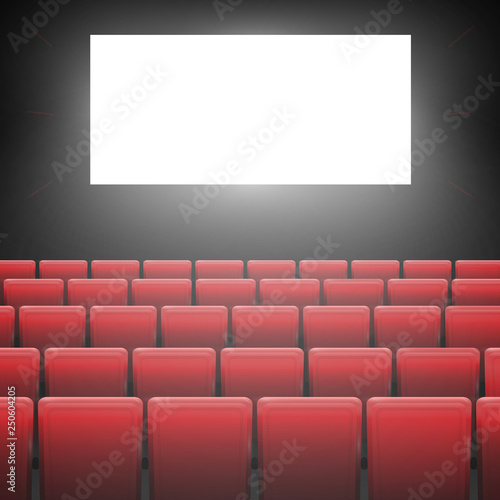 Movie cinema screen with red seats. Graphic concept for your design.Movie cinema premiere poster design with white screen.