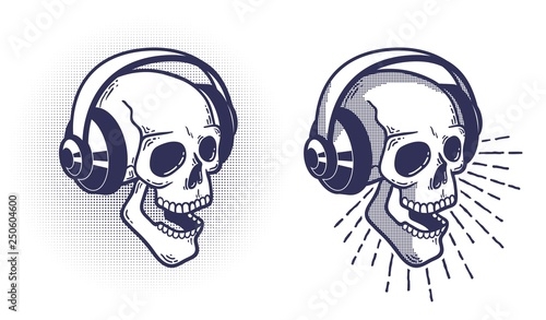 Skull in headphones. Retro stamp style.