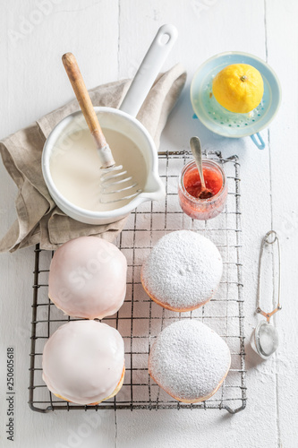 Tasty and homemade donuts with white icing