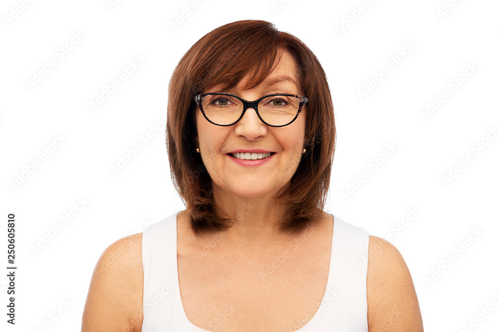 beauty, vision and old people concept - portrait of smiling senior woman in glasses over white background beauty, vision and old people concept - portrait of smiling senior woman in glasses over white background