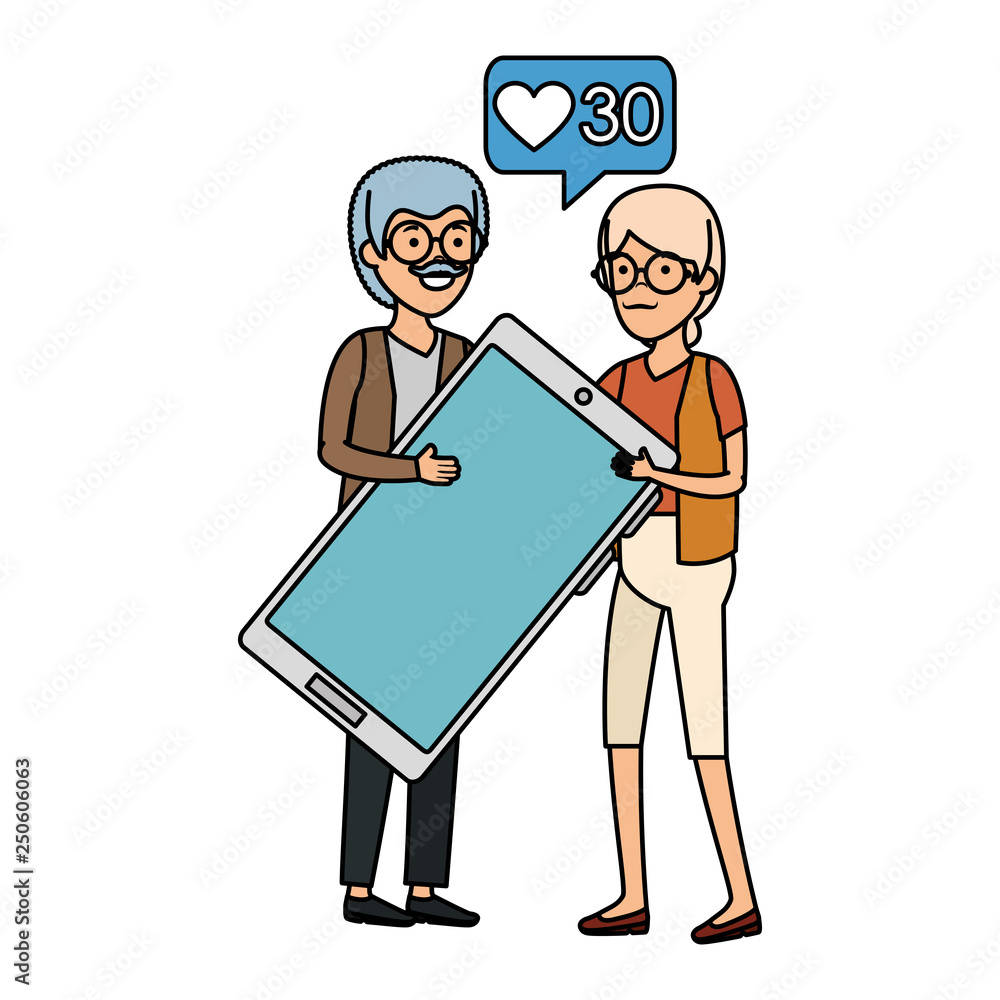 grandparents couple with smartphone and speech bubble