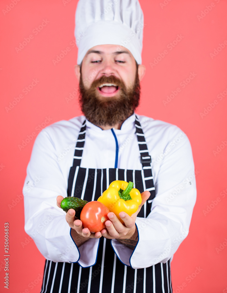 Choose vegetarian lifestyle. Man cook hat apron hold fresh vegetables. Buy fresh vegetables grocery store. Vegetarian restaurant. Hipster chief chef vegetarian cafe. Vegetarian recipe concept Choose vegetarian lifestyle. Man cook hat apron hold fresh vegetables. Buy fresh vegetables grocery store. Vegetarian restaurant. Hipster chief chef vegetarian cafe. Vegetarian recipe concept