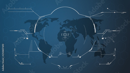 Digital hud interface and world map.
