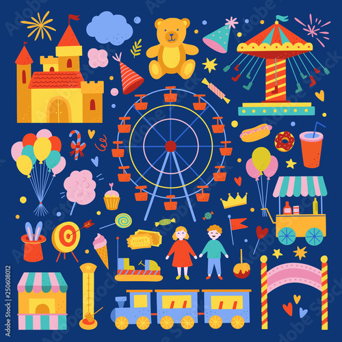 Amusement park vector set. Children's party graphic elements. Ferris wheel and attractions doodles for kids