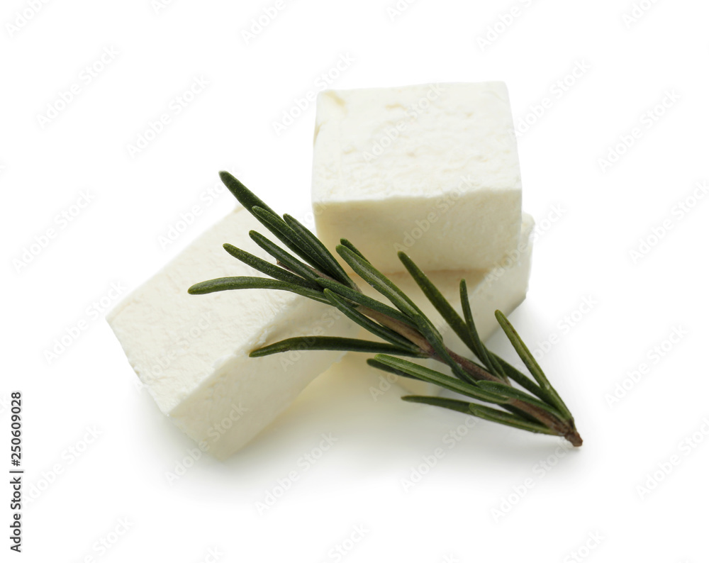 Tasty feta cheese on white background