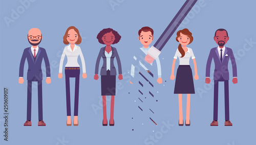 Person rubbed out and removed with eraser. Man obliterated from group of diverse people, moved from business team or blocked in friends chat service, forbidden contacts by public. Vector illustration