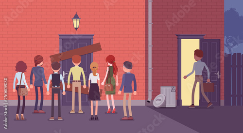 Back door rear entrance, indirect dishonest access. Smart man solving problem by trick and deceit, achieving business goal in cunning way, finds hidden opportunity, fraud cheating. Vector illustration photo