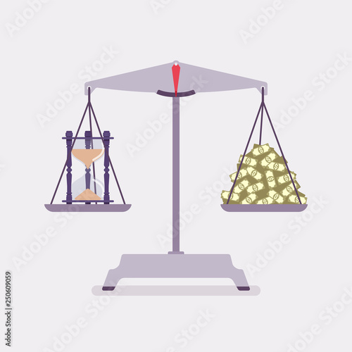 Time and money scales tool good balance. Metaphor of harmony, pleasant agreement of profit and life accord, equal weight of importance, motivation of choosing right lifestyle. Vector illustration