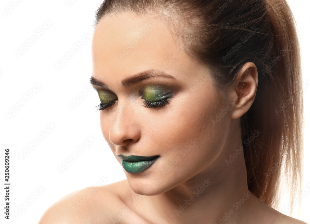Beautiful young woman with bright makeup on white background Beautiful young woman with bright makeup on white background