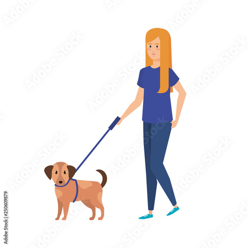young woman walking with dog