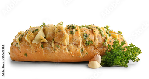 Tasty garlic bread on white background photo