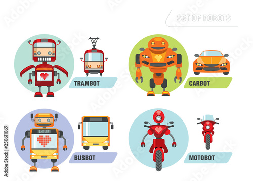 Set of cute robots transforming into transport. Cartoon icons set. New technology. Vector illustrations in flat style.
