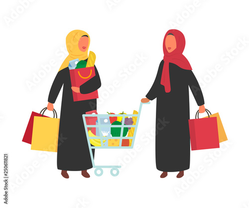 Woman in supermarket food shop with shopping cart. Flat design vector.
