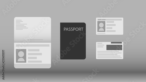 The image of the passport and driver's license in the style of flat design.