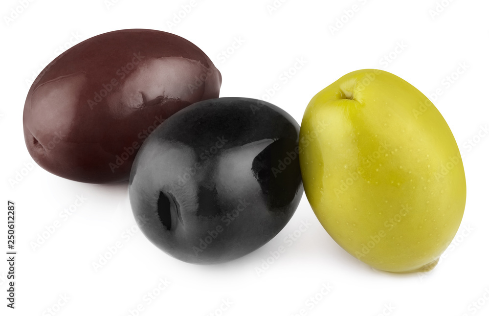 Red, black and green olives, isolated on white background Red, black and green olives, isolated on white background