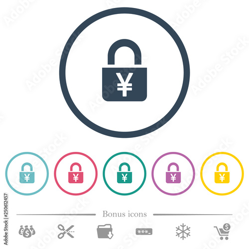 Locked Yens flat color icons in round outlines