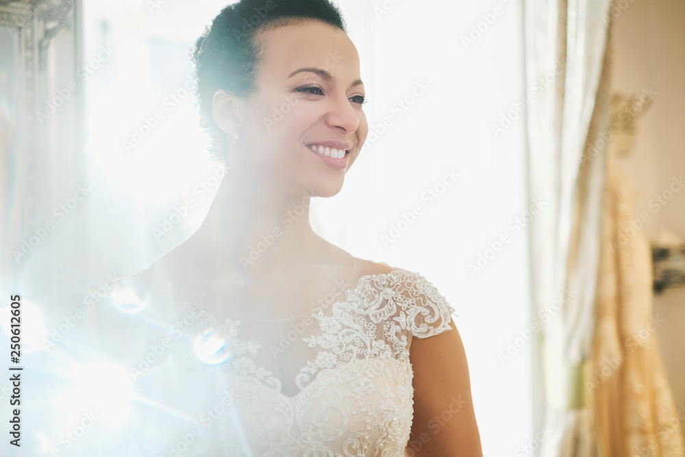 Beautifu bride choosing wedding dress in a wedding salon Beautifu bride choosing wedding dress in a wedding salon