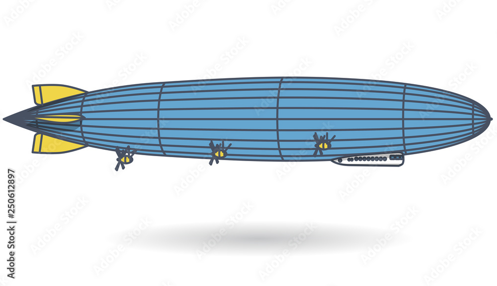 Obraz premium Outlined huge zeppelin airship filled with hydrogen. Blue yellow stylized flying balloon. Big dirigible, propellers and rudder. Long zeppelin, white background, airship. Isolated vector illustration