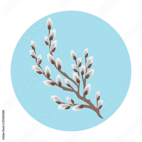 Vector blossom willow branch. Greeting card template. Icon with blossoming pussy-willow twig in flat style. Spring flowering.
