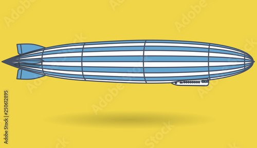 Outlined huge zeppelin airship filled with hydrogen. Blue yellow stylized flying balloon. Big dirigible, propellers and rudder. Long zeppelin, yellow background, airship. Isolated vector illustration