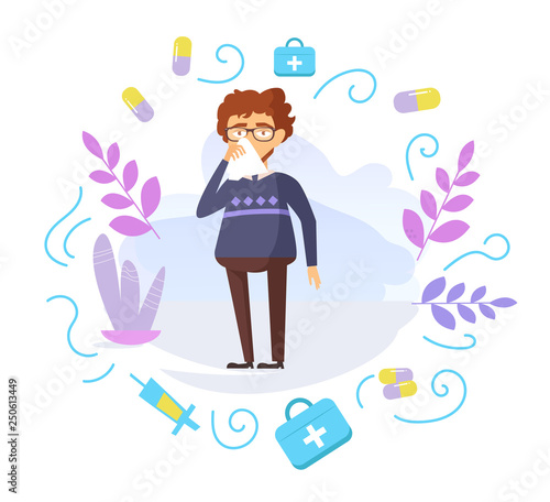 Man with runny nose, flu, cold Vector. Cartoon. Isolated art on white background.