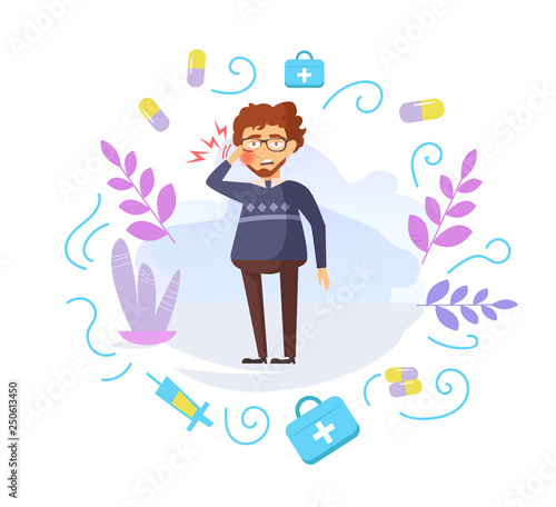 Man with acute toothache Vector. Cartoon. Isolated art on white background.