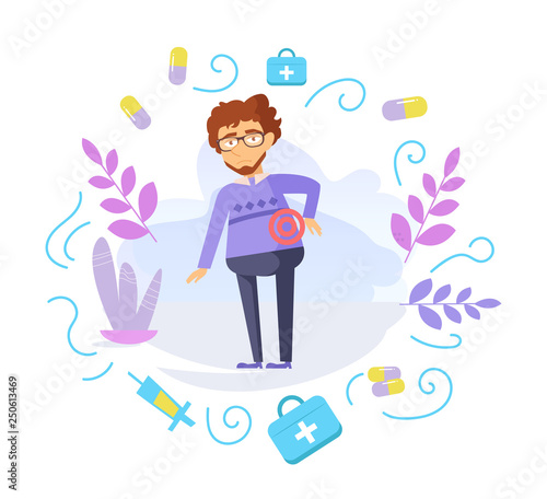 Man with back and lower back pain Vector. Cartoon. Isolated art on white background.